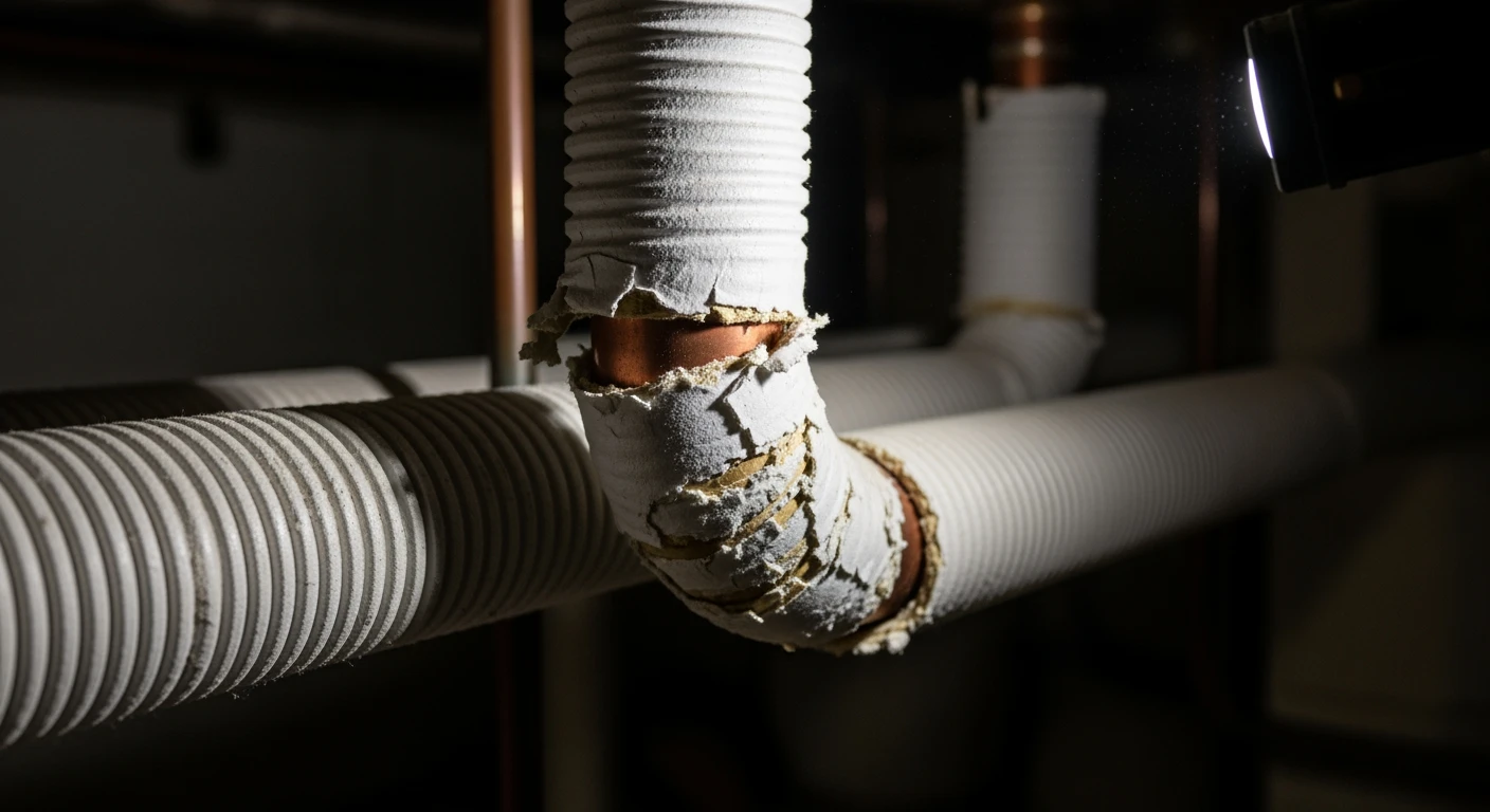 White corrugated asbestos pipe insulation wrapped around heating pipes in a Long Island home basement showing distinctive ridged texture