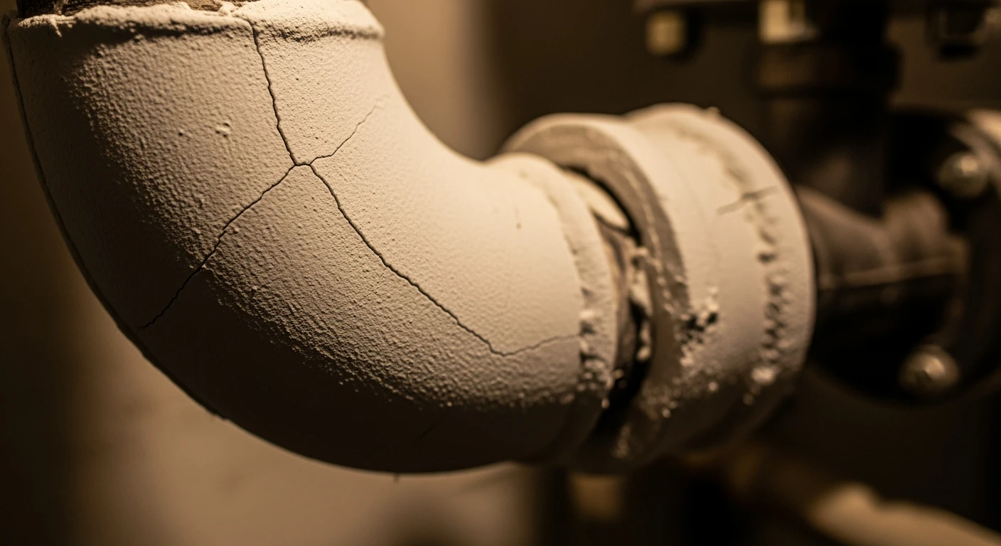Hard-set plaster-like asbestos insulation coating on pipe elbow joint in a boiler room showing smooth texture with age cracks