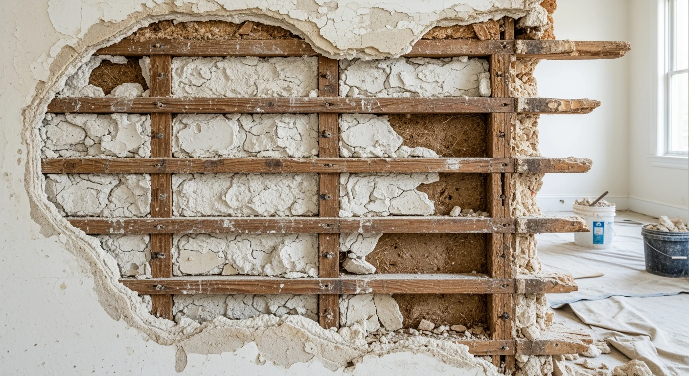 Old plaster and lath wall cross-section in a Long Island home — plaster from the 1940s-1960s may contain asbestos fibers
