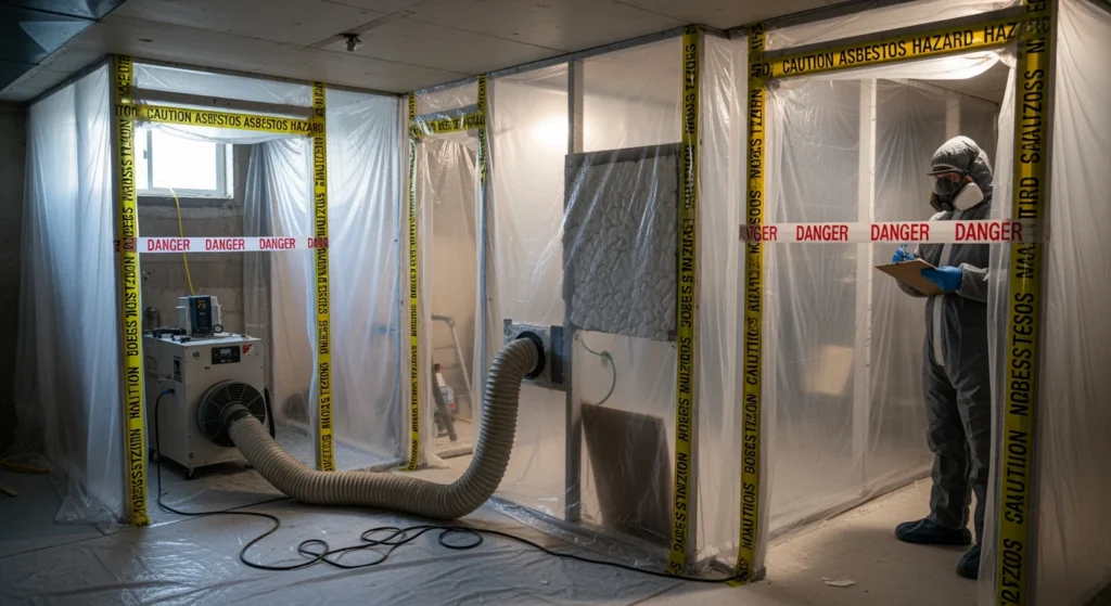 Asbestos removal containment setup in New York residential project