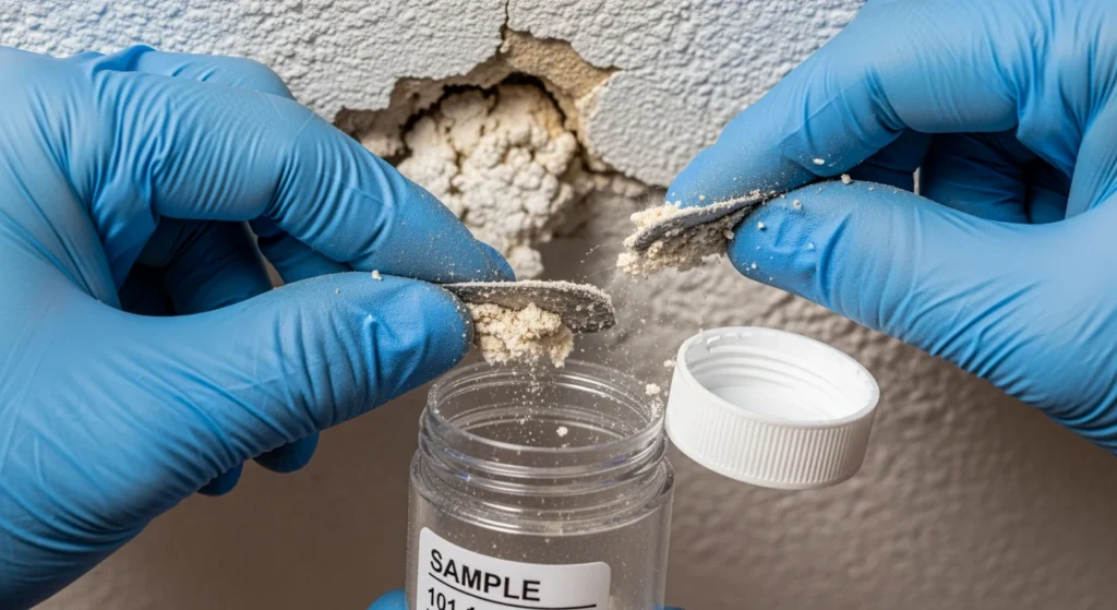 Asbestos inspector collecting bulk sample for lab testing on Long Island