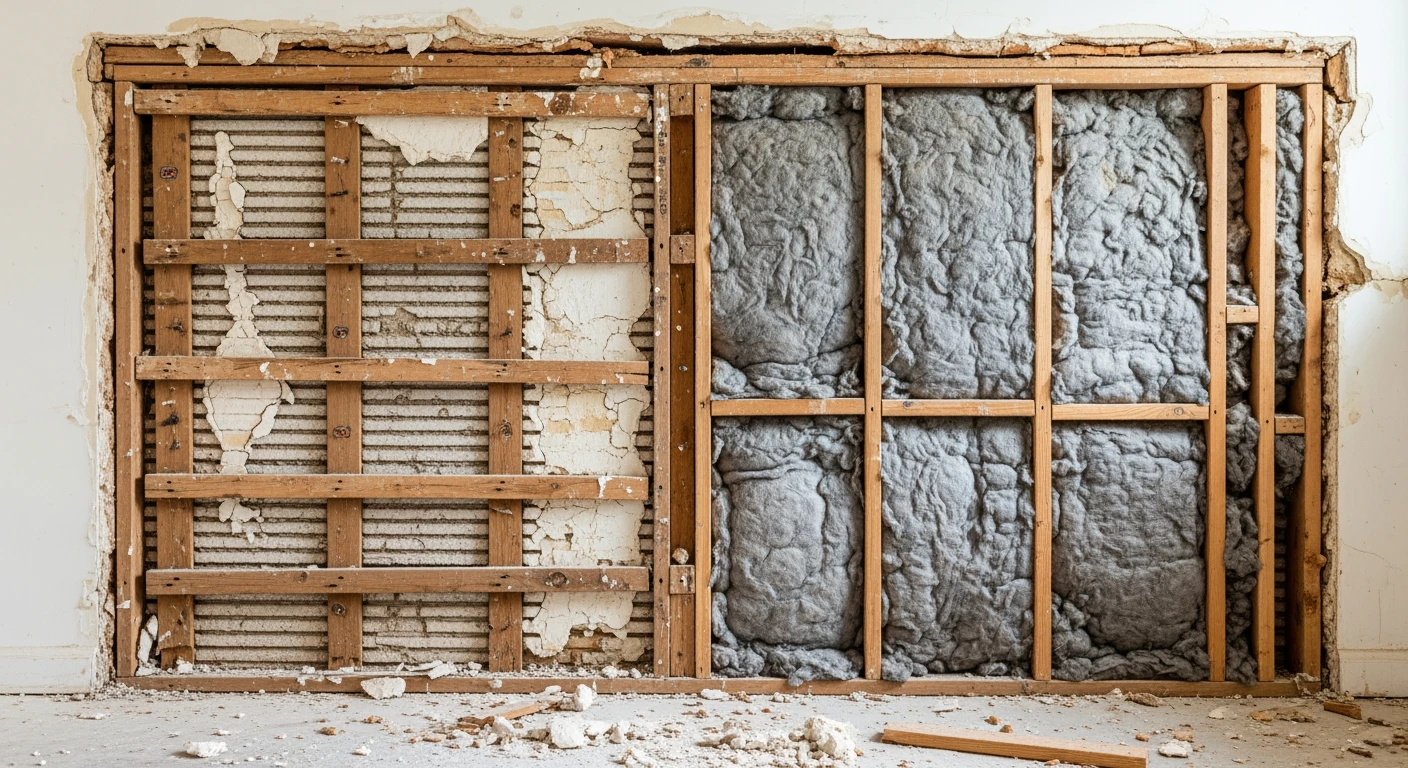 Wall cavity exposed during renovation showing old insulation material that may contain asbestos between studs in a Long Island home