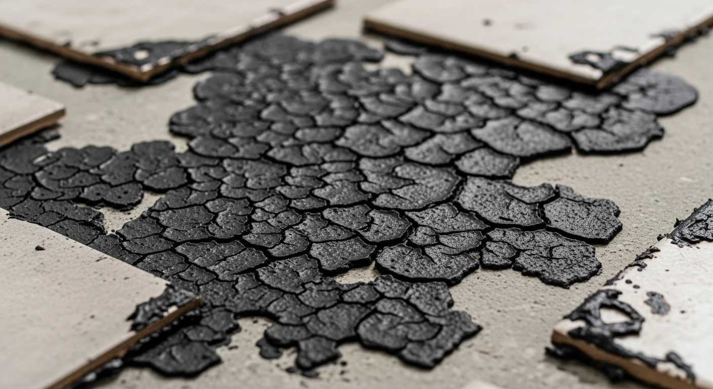 Black cutback mastic adhesive exposed under removed floor tiles — this tar-like adhesive often contains asbestos in Long Island homes
