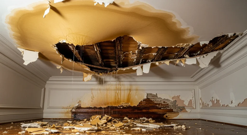 Ceiling water damage from roof leak after nor'easter in NYC brownstone apartment