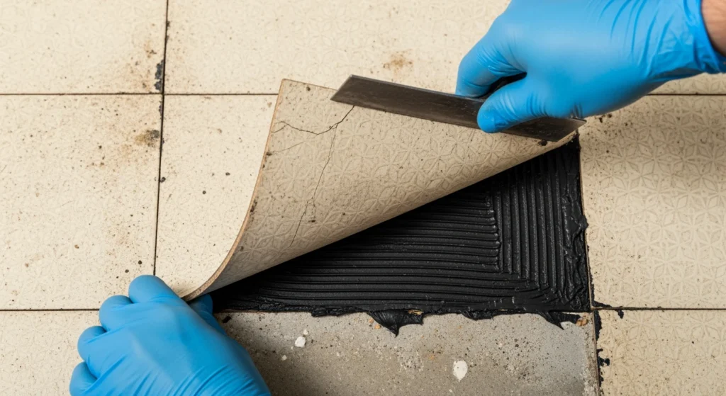 Asbestos floor tiles being removed showing black mastic in commercial building