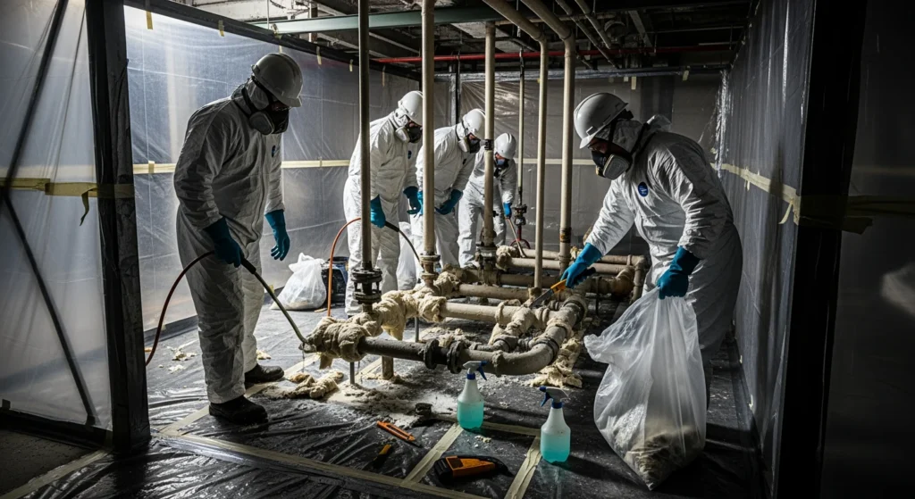 Commercial asbestos removal crew removing pipe insulation on Long Island