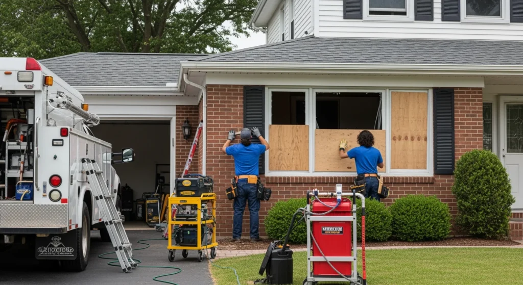 Fire damage restoration crew performing emergency board-up at a fire-damaged Long Island home