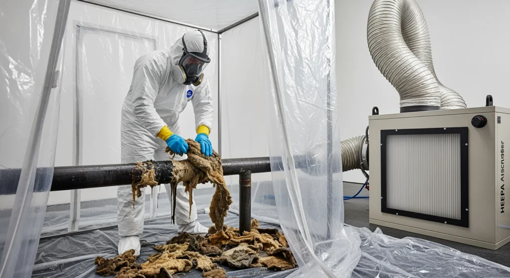 Asbestos worker removing wet pipe insulation inside containment area