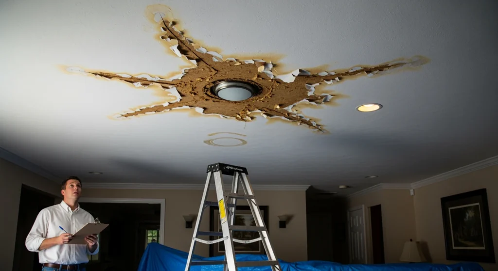 Water damage on ceiling — professional repair by Upper Restoration