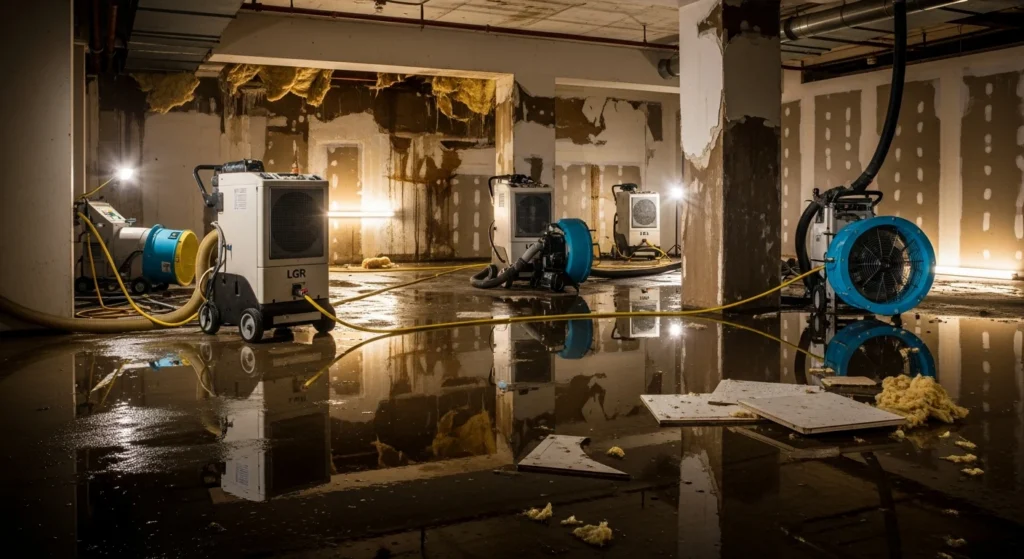 Water damage restoration crew deploying equipment in flooded NYC apartment basement March 2026