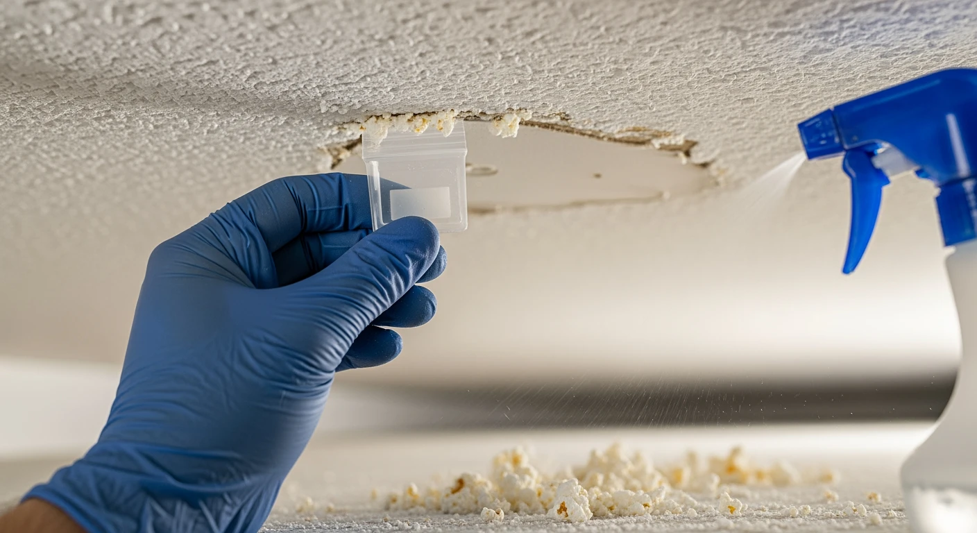 Collecting a popcorn ceiling sample for asbestos testing — proper wet method with sealed container on Long Island
