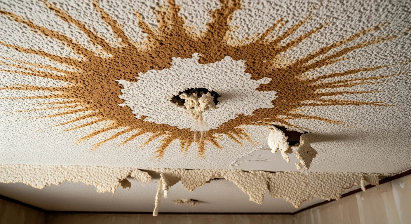 Water-damaged popcorn ceiling with staining and peeling texture — damage to asbestos-containing ceilings releases fibers
