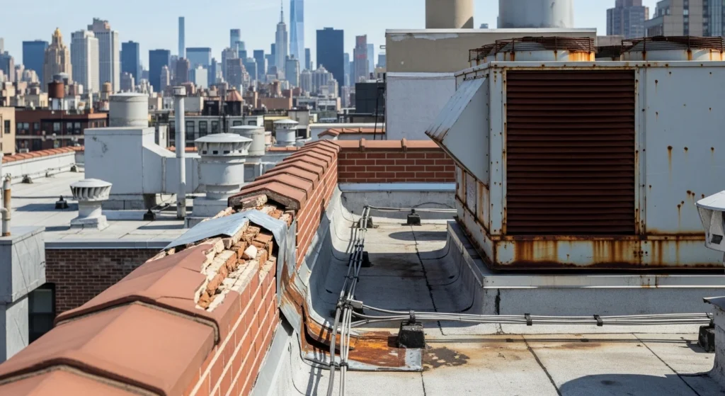 Post-winter building inspection on NYC rooftop examining parapet wall and HVAC equipment April 2026