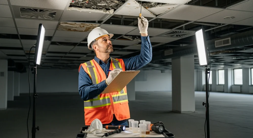 Asbestos inspector surveying commercial building before renovation on Long Island