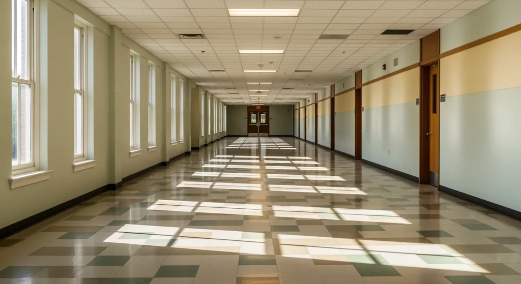Long Island school hallway with ceiling and floor tiles under AHERA regulations