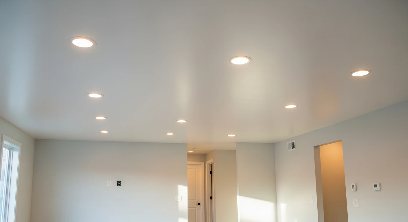 Smooth ceiling after professional asbestos popcorn ceiling removal in a Long Island home — clean modern finish