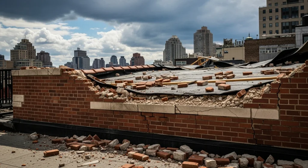 Spring nor'easter storm damage to NYC brick building parapet wall and roof flashing April 2026