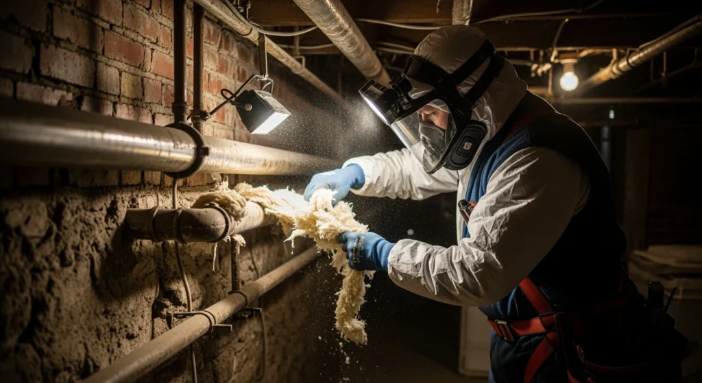 Asbestos removal cost NYC & Long Island: worker carefully removes insulation.