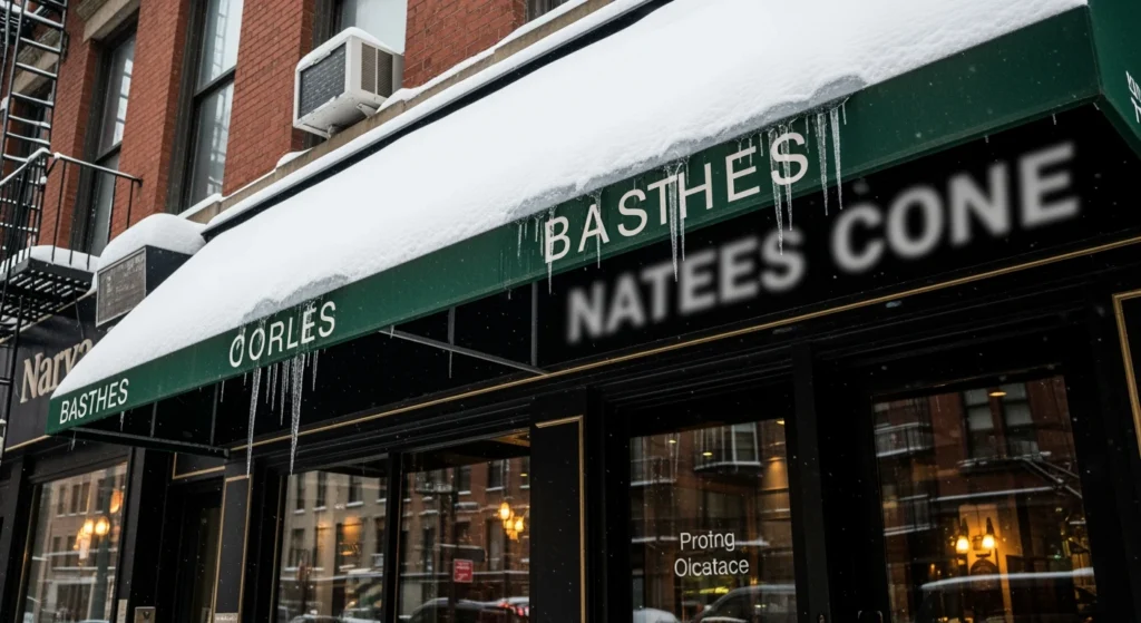 NYC storefront covered in snow and icicles, highlighting winter weather risks for businesses.
