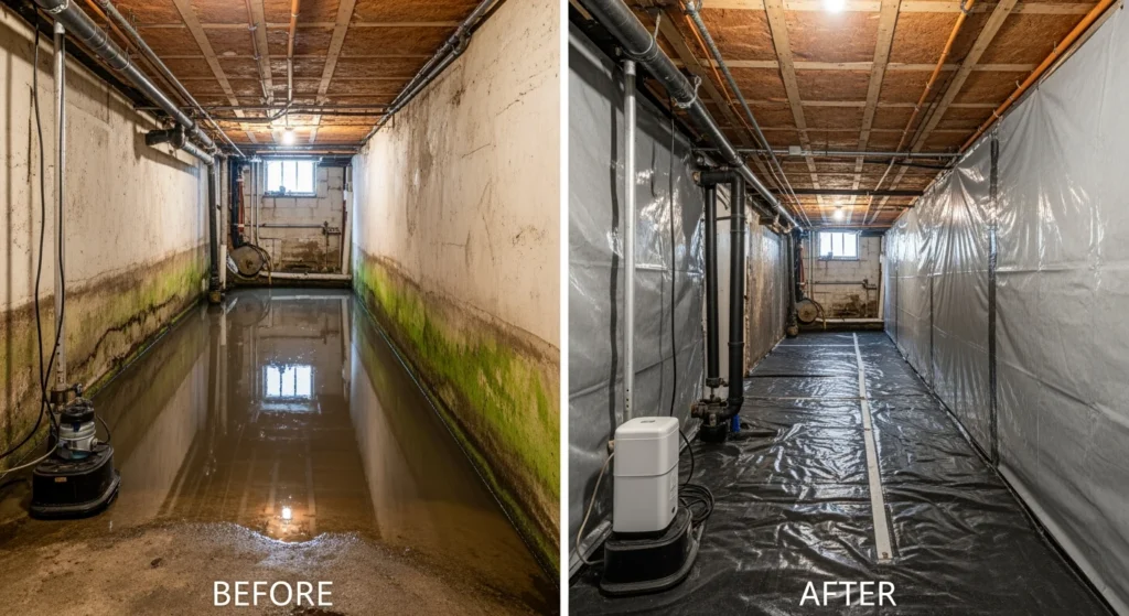 Crawl space moisture solution NYC: Before & after of waterproofing, encapsulation, and mold remediation in a brownstone.