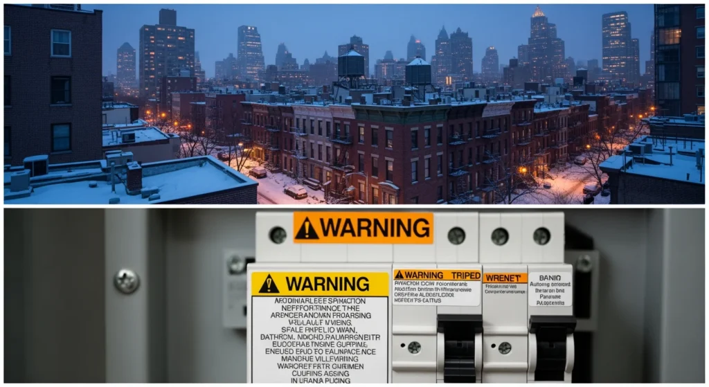 Tripped breaker in electrical panel during winter. Prevent NYC electrical overloads.