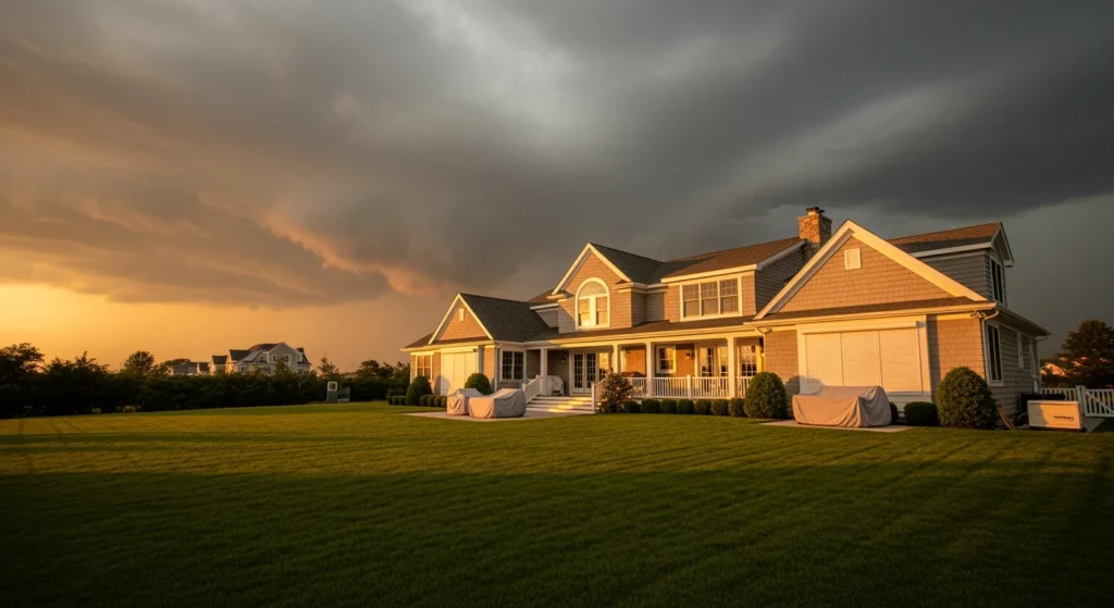 Long Island home preparing for fall storm: house, sunset, storm clouds.