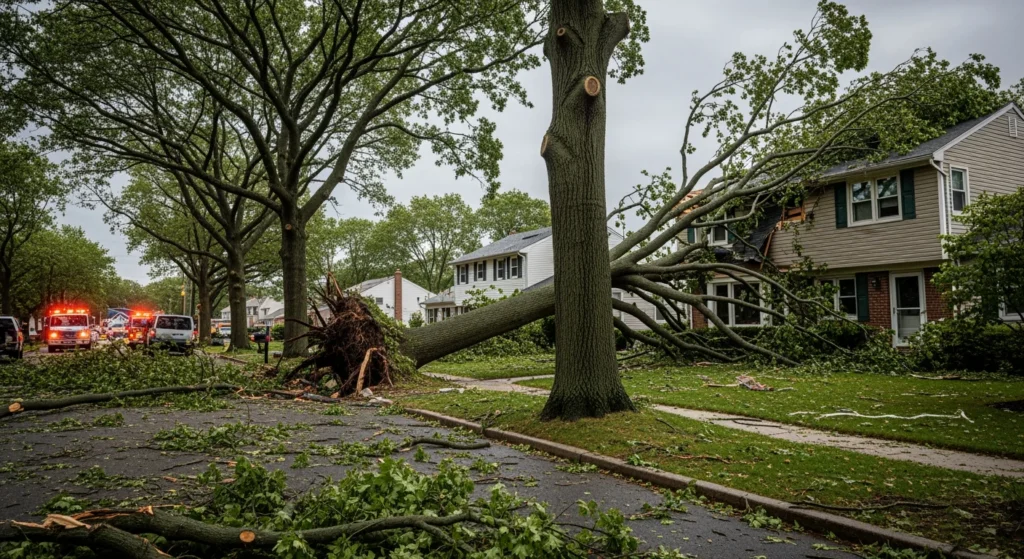 Storm damage Long Island: Tree fell on house. Cleanup and repair services needed.