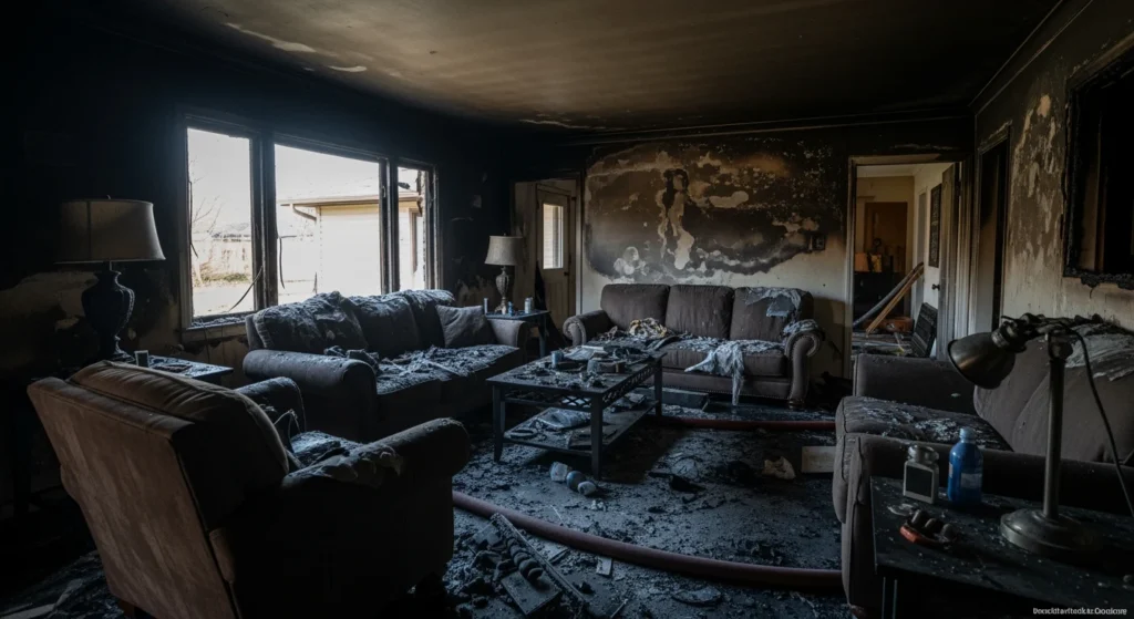 Fire Damage Restoration NYC: House fire aftermath interior. Charred walls, soot, and water damage.
