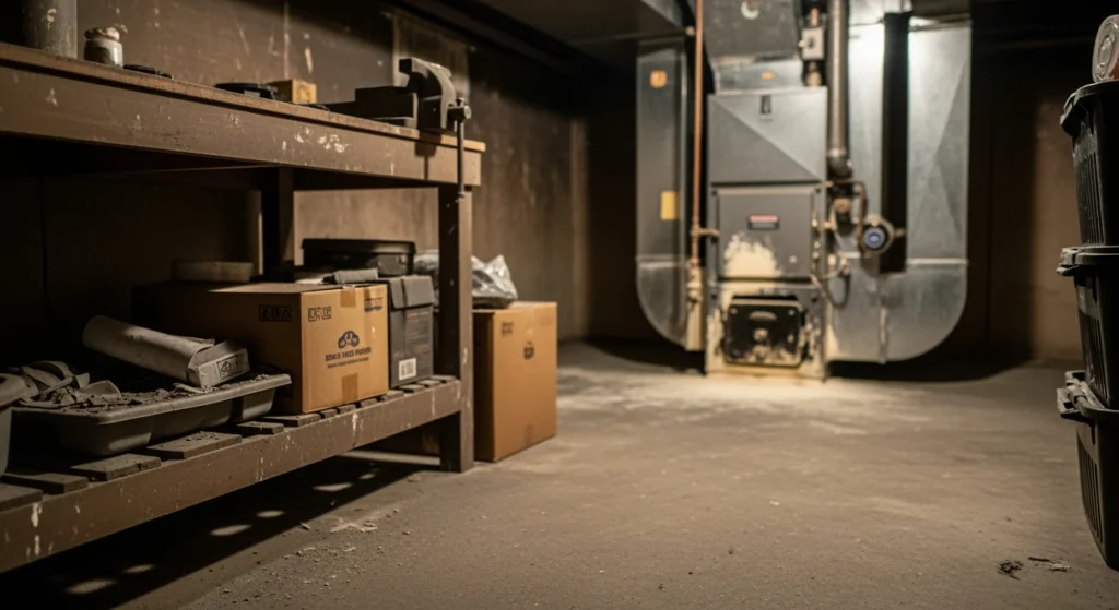 Furnace puffback smoke and soot damage in Nassau County home basement.