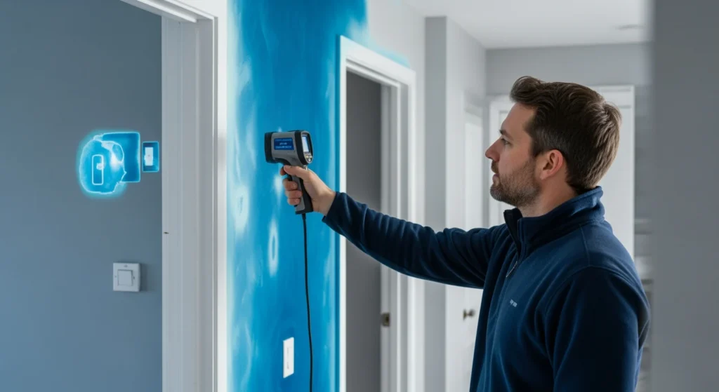 Finding air leaks with a thermal camera to prevent frozen pipes.