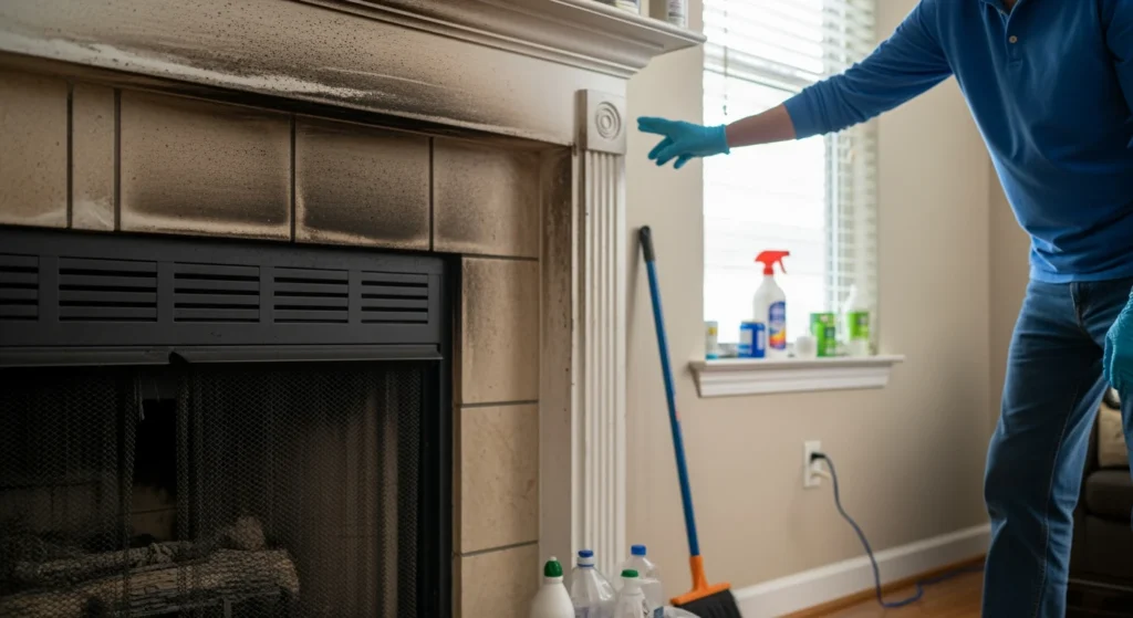 Soot damage from fireplace puff back in NYC home. Professional soot removal needed.