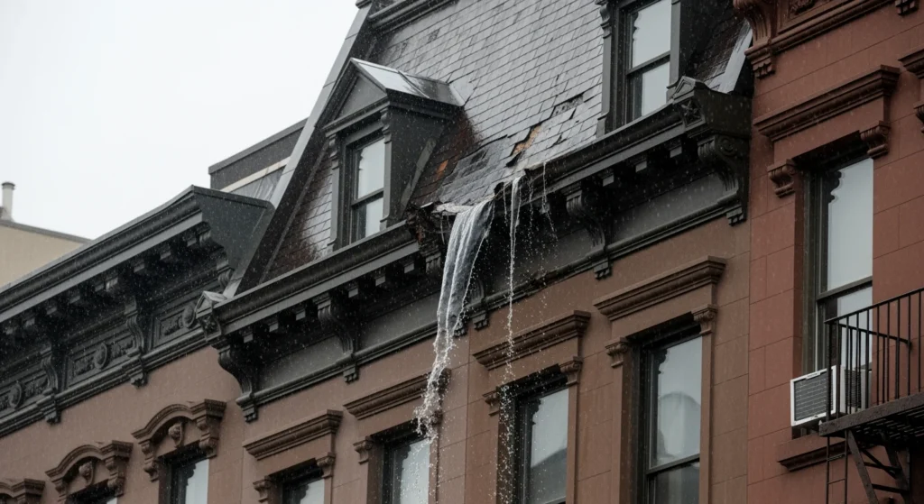 NYC brownstone roof leak during rainstorm. Emergency roof repair needed.