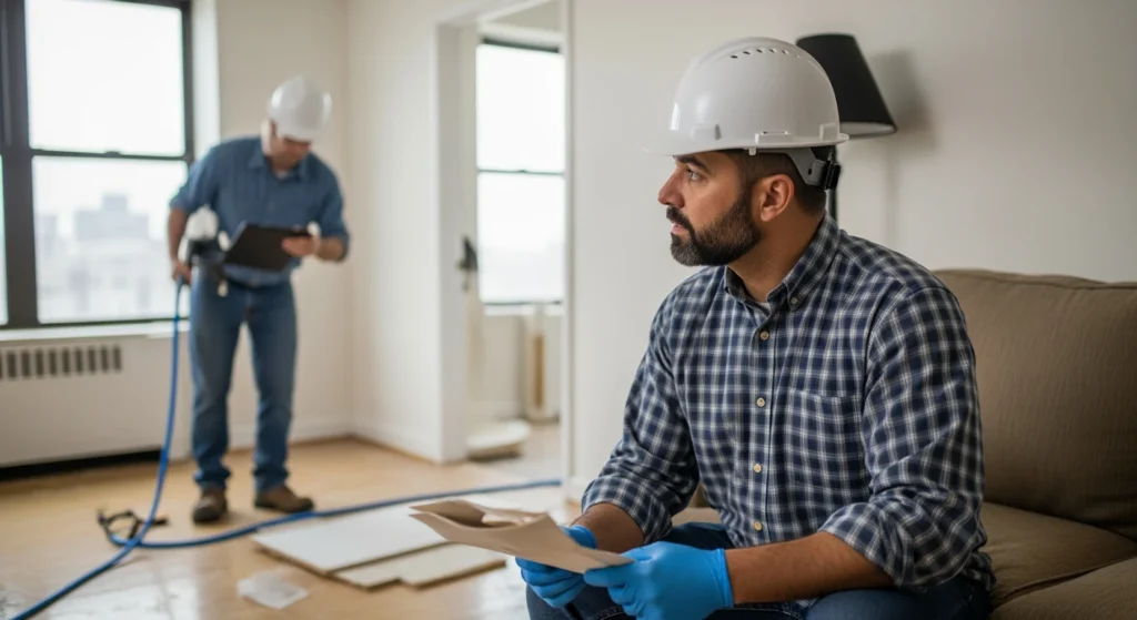NYC restoration contractor inspecting water damage after a storm.
