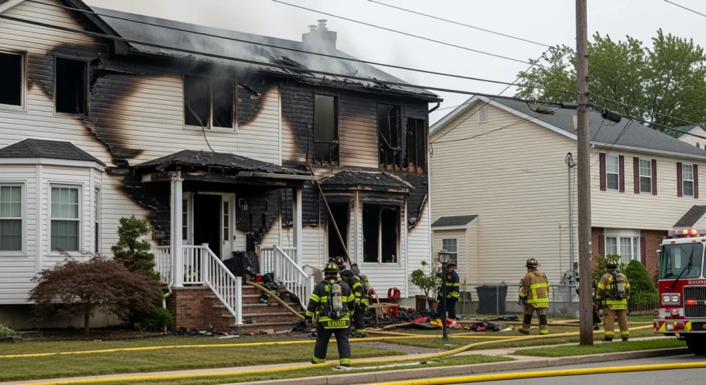 House fire damage on Long Island home exterior, showing visible charred remains and firefighters.