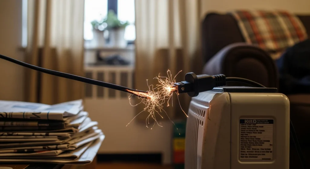 Damaged space heater cord near flammable items, showing fire risk.