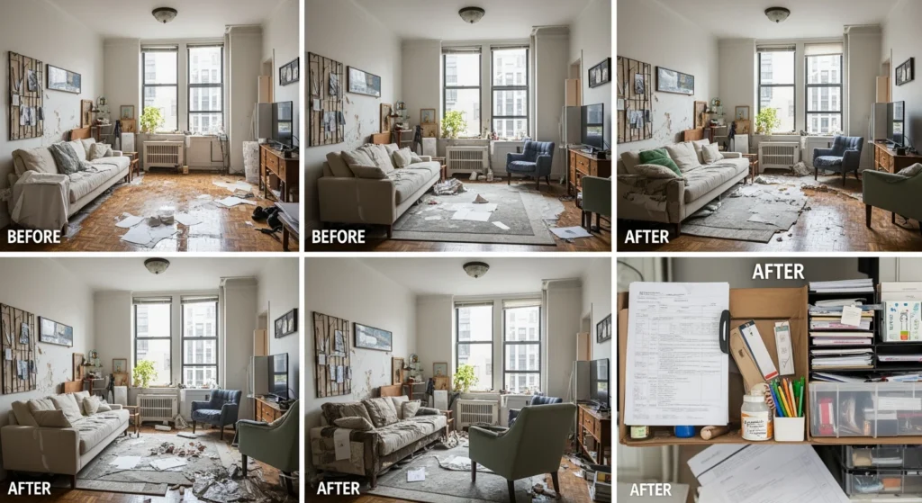 Water damage documentation after a NYC apartment leak, including photos and reports.