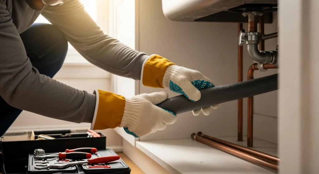 DIY plumbing winterization: Insulating pipes under a kitchen sink in a NYC apartment.