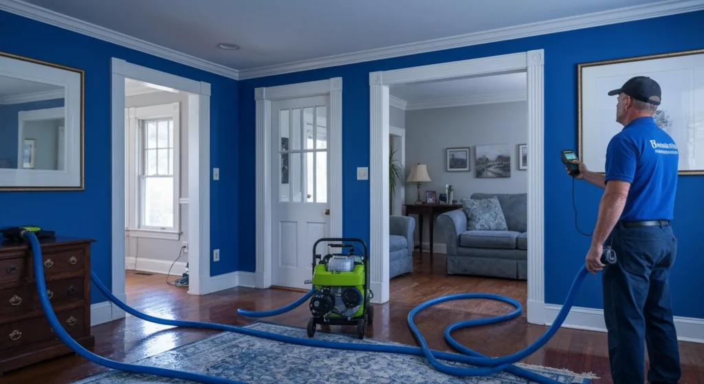 Water damage restoration equipment in Long Island home — water extraction and moisture assessment in progress