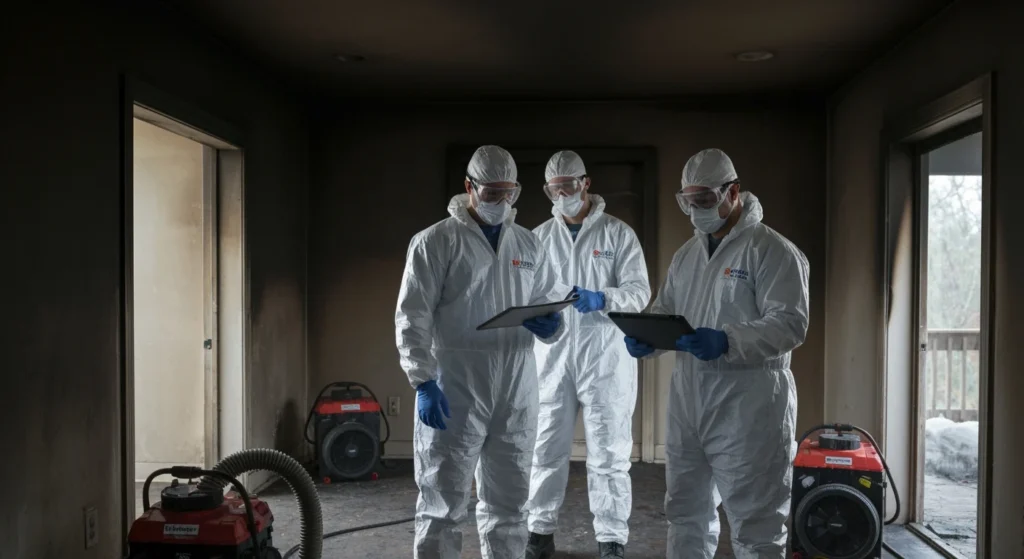 Fire and smoke damage restoration assessment in Long Island home — certified technicians documenting scope