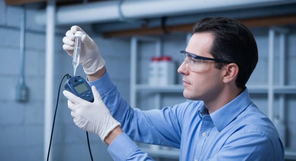 Licensed NYS mold assessor collecting air sample in Long Island basement — mold inspection in progress