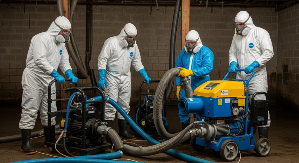 Category 3 biohazard remediation team performing sewage backup cleanup in Long Island basement