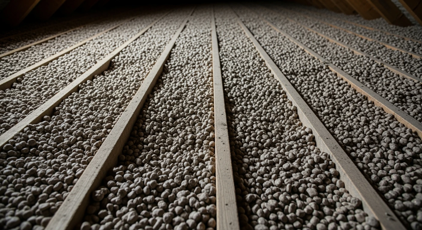 Vermiculite attic insulation between ceiling joists showing accordion-shaped gray-brown granules that may contain asbestos from Libby Montana