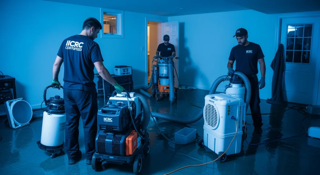 Water damage restoration technicians using industrial extraction equipment in a Long Island home basement