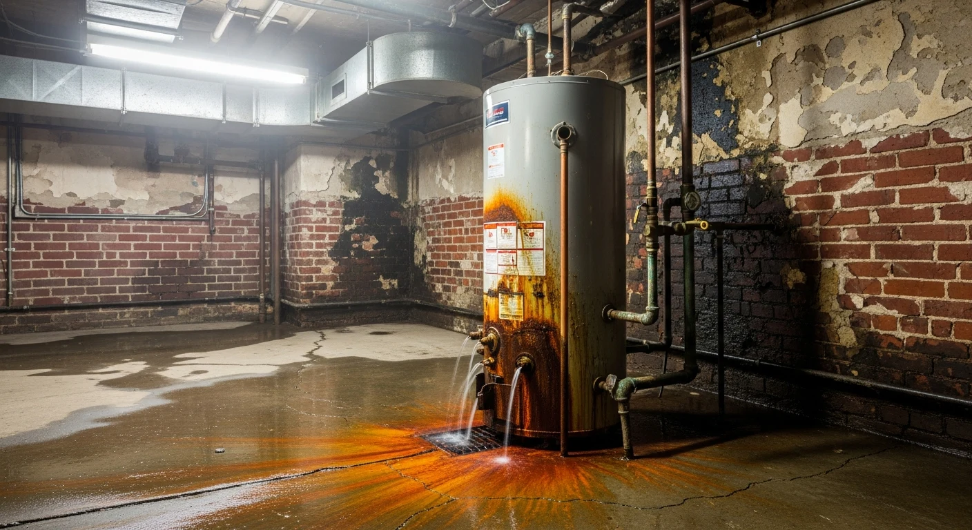 Leaking water heater in NYC building mechanical room causing water damage to floors and walls