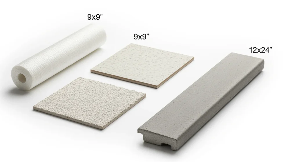 Various asbestos materials for identification: pipe insulation, floor tiles, ceiling texture, siding