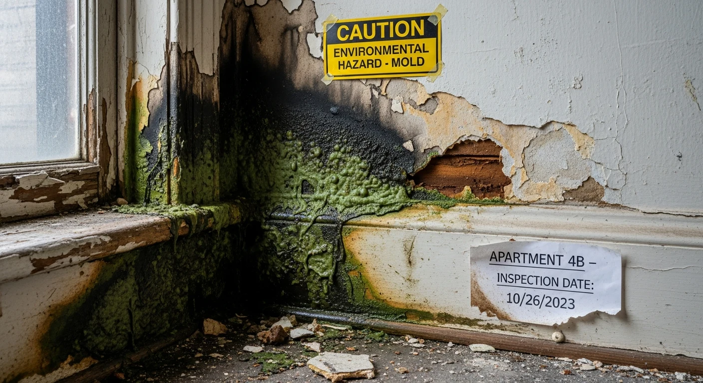 Visible mold growth on NYC apartment walls from winter moisture buildup