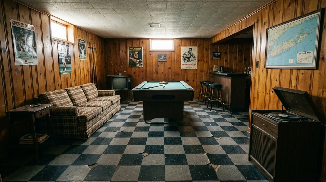 1960s Long Island basement rec room with original black and gray checkerboard asbestos floor tiles showing lifting corners