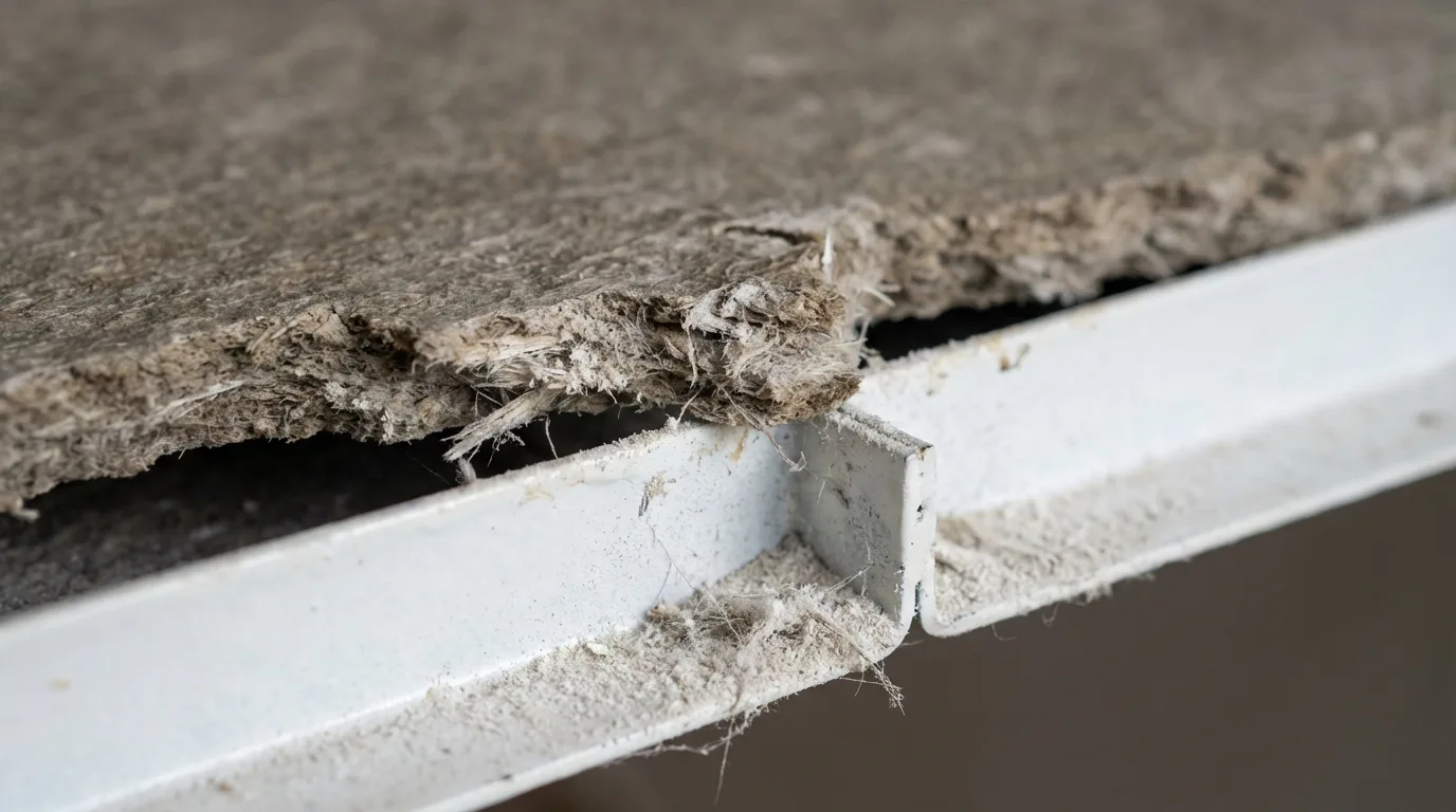 Close-up of asbestos ceiling tile edge at the drop ceiling grid rail showing friable fiber composition exposed at the break