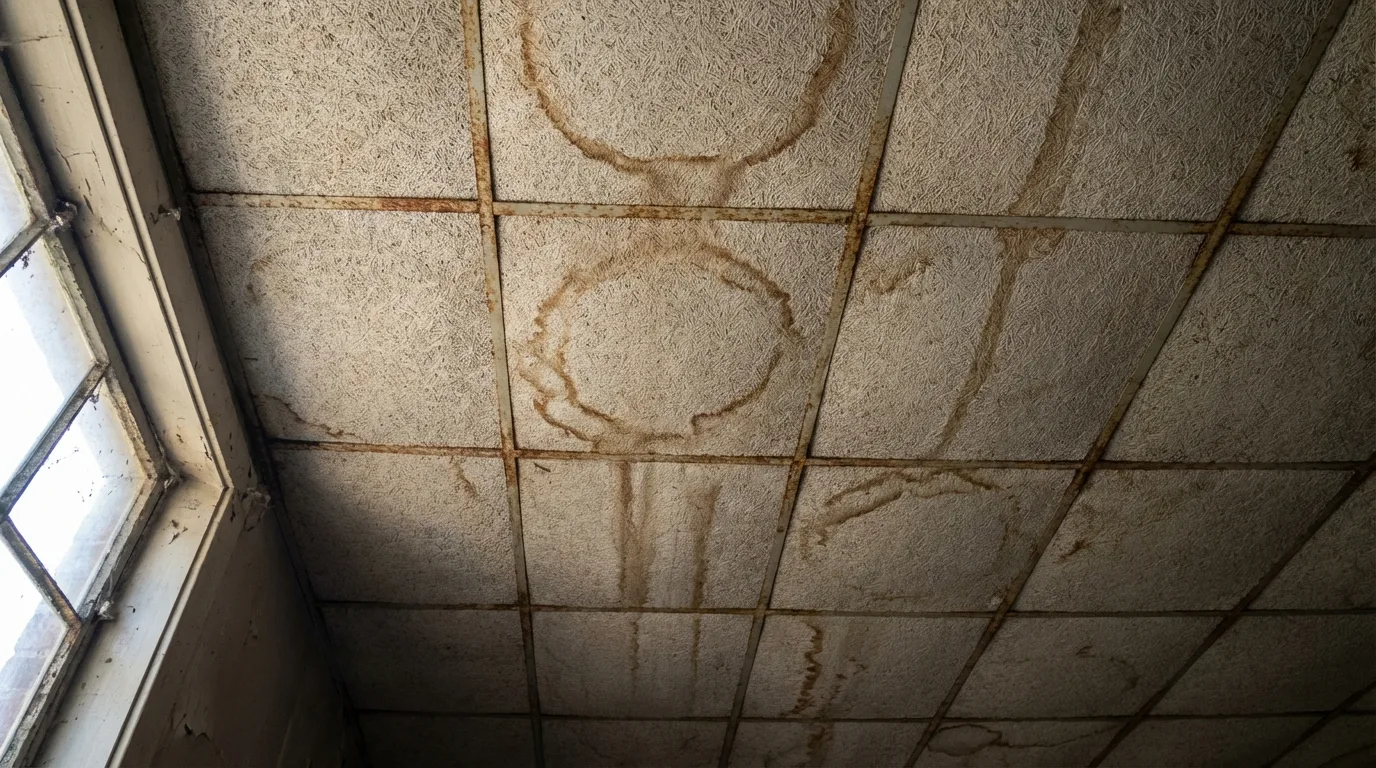 Severely water-damaged asbestos ceiling tile showing sagging and staining — wet friable asbestos tiles require immediate professional abatement
