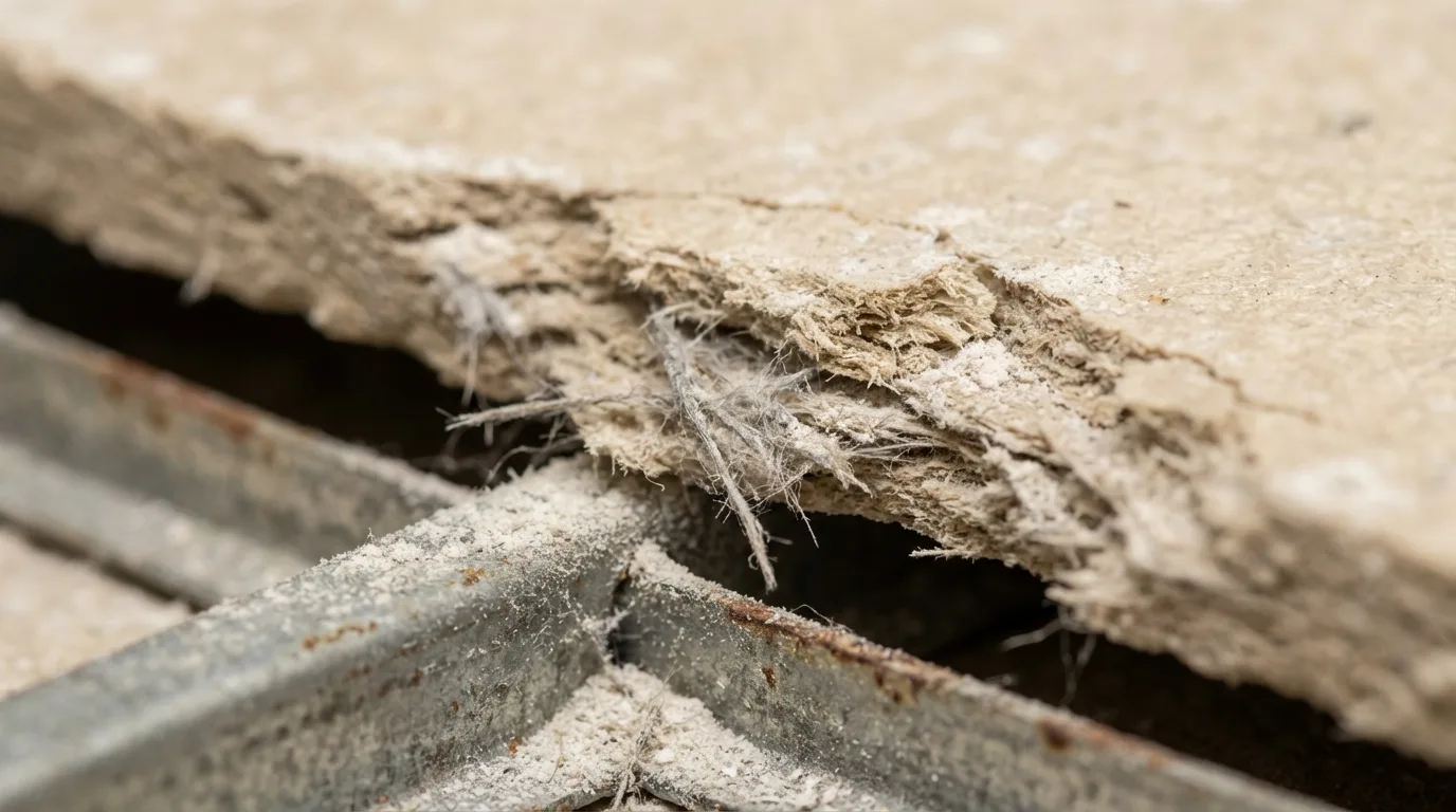 Drop ceiling asbestos tile with water damage showing the characteristic dimpled fissured surface texture and brown water stain rings